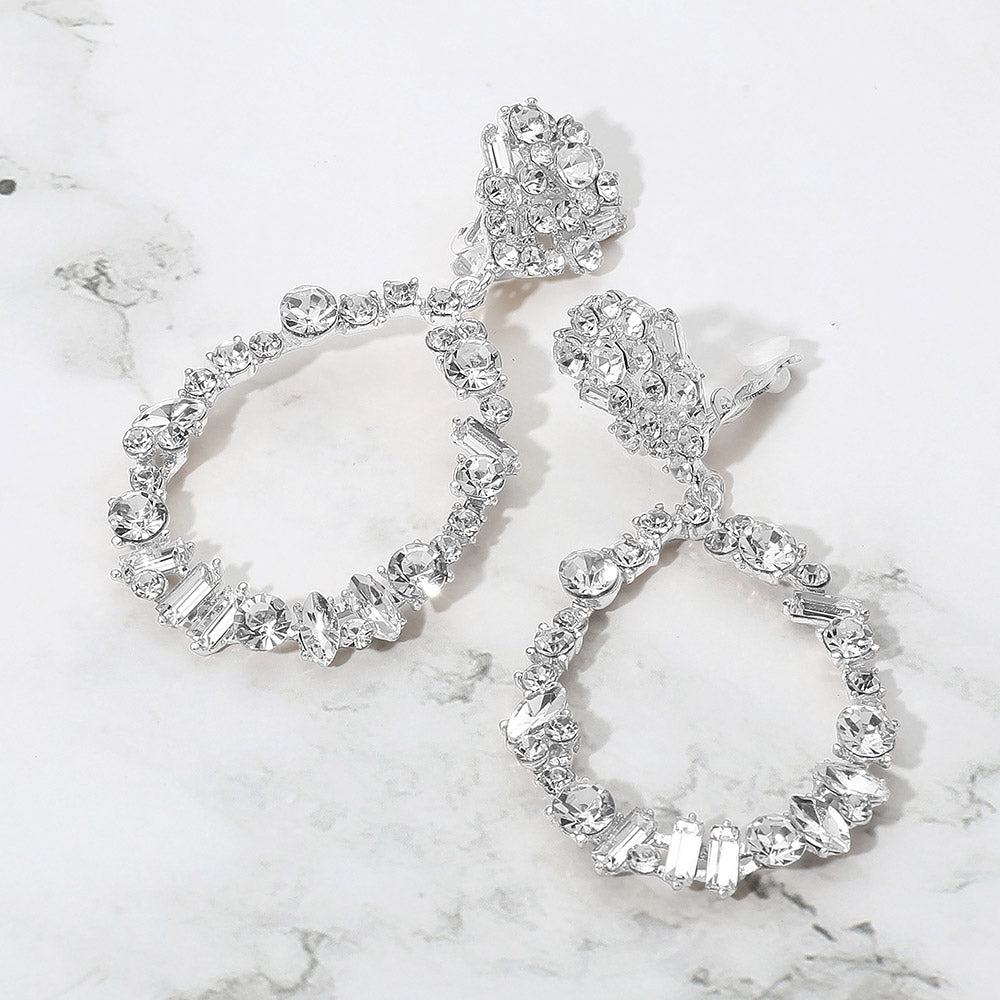 Bold Mixed Shaped Stone Cluster Embellished Open Teardrop Dangle Evening Clip On Earrings