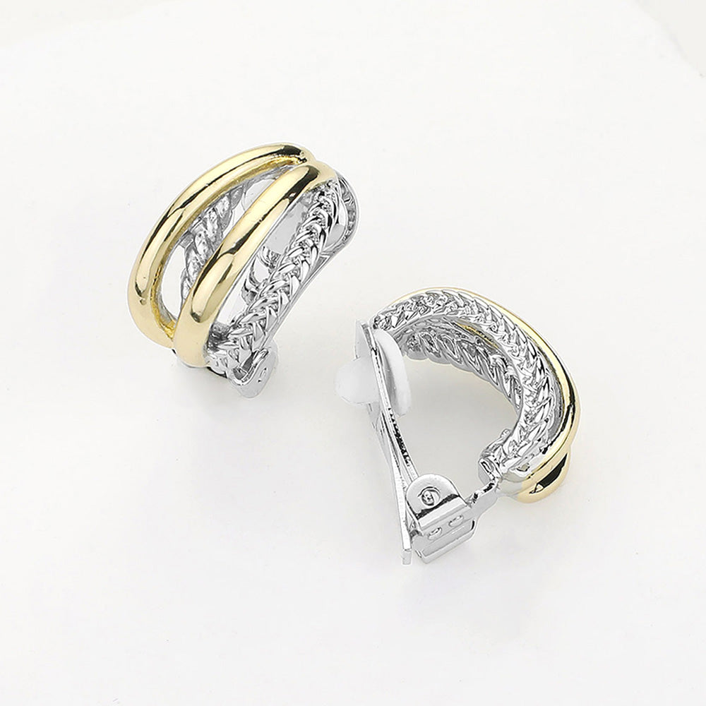 14K Gold Plated Two Tone Crisscross Clip On Earrings