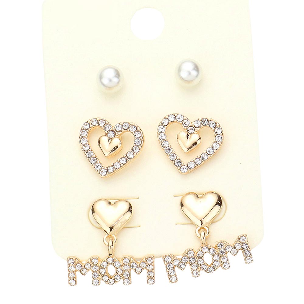 3Pairs Pearl Rhinestone Embellished Heart Mom Earrings