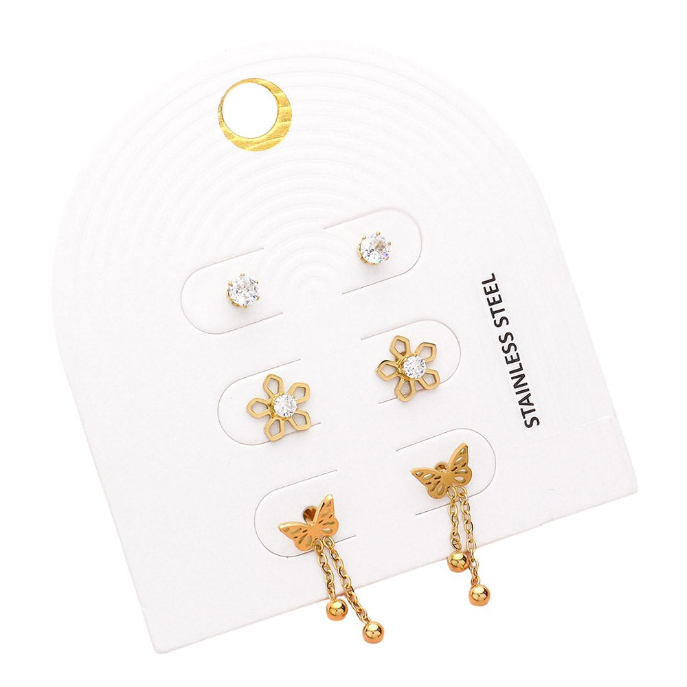 3 Pairs Stone Pointed Stainless Steel Flower Butterfly Earring Set