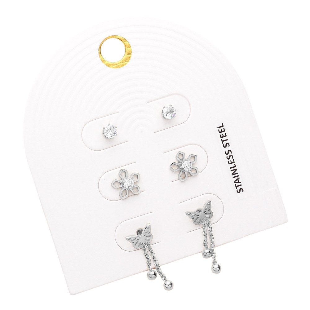 3 Pairs Stone Pointed Stainless Steel Flower Butterfly Earring Set