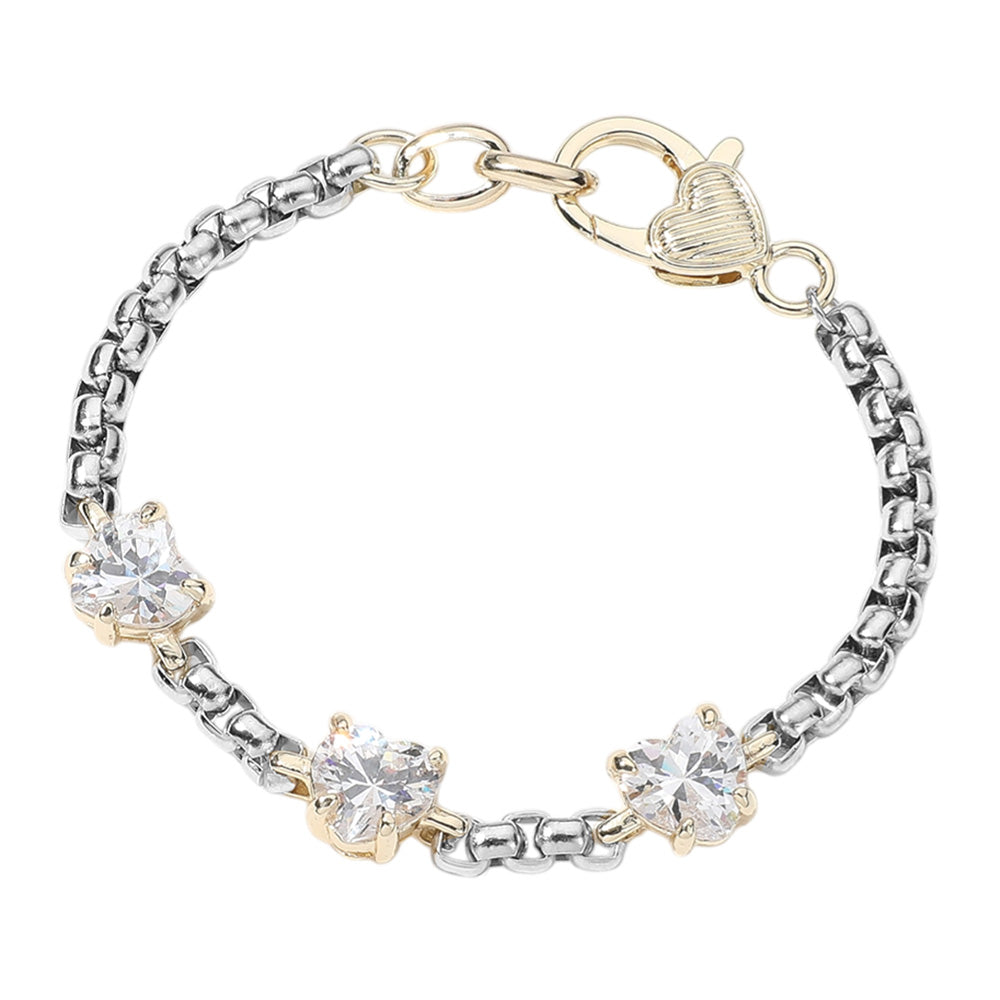 14K Gold Plated Two Tone CZ Heart Stone Custer Pointed Bracelet