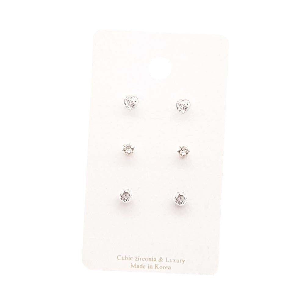 3Pairs - CZ Heart Round Stud Earrings