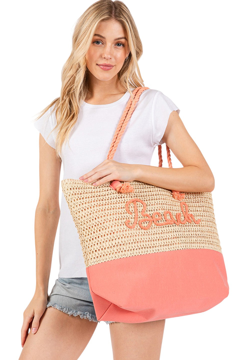 BEACH Letter Color Sewn Rope and Crochet Strap Bag