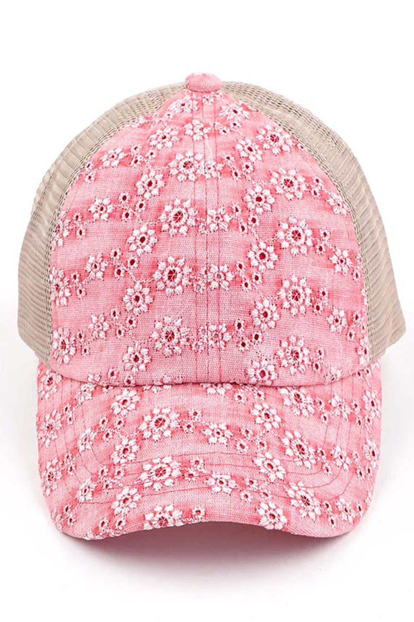C.C FLOWER EMBROIDERY EYELET CRISS CROSS PONYCAP