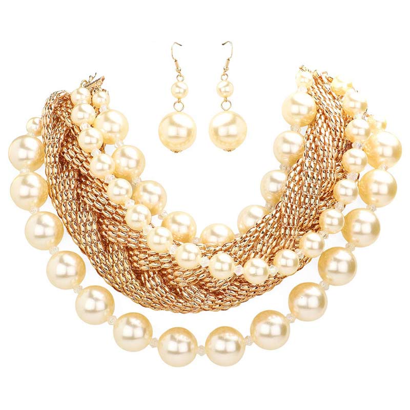 Bold Metal Braided Triple Layered Pearl Necklace