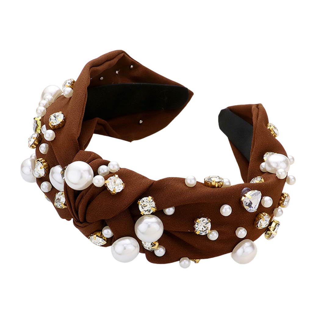 Pearl Round Stone Embellished Knot Burnout Headband