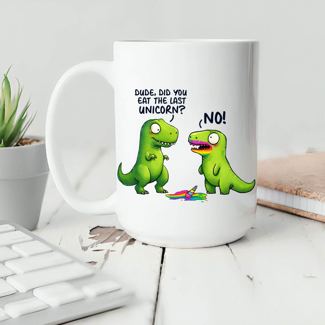 Funny Dinosaurs eating a Unicorn Mug