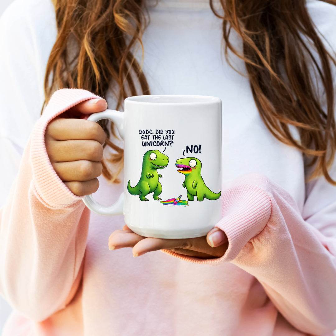 Funny Dinosaurs eating a Unicorn Mug