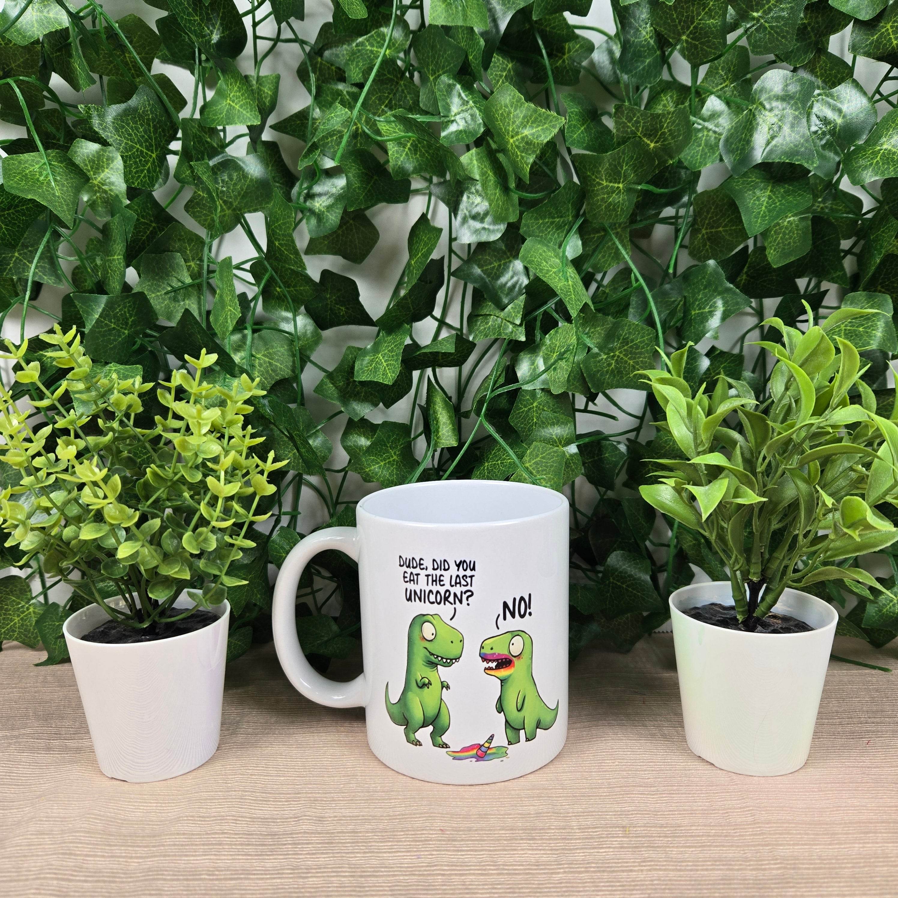Funny Dinosaurs eating a Unicorn Mug