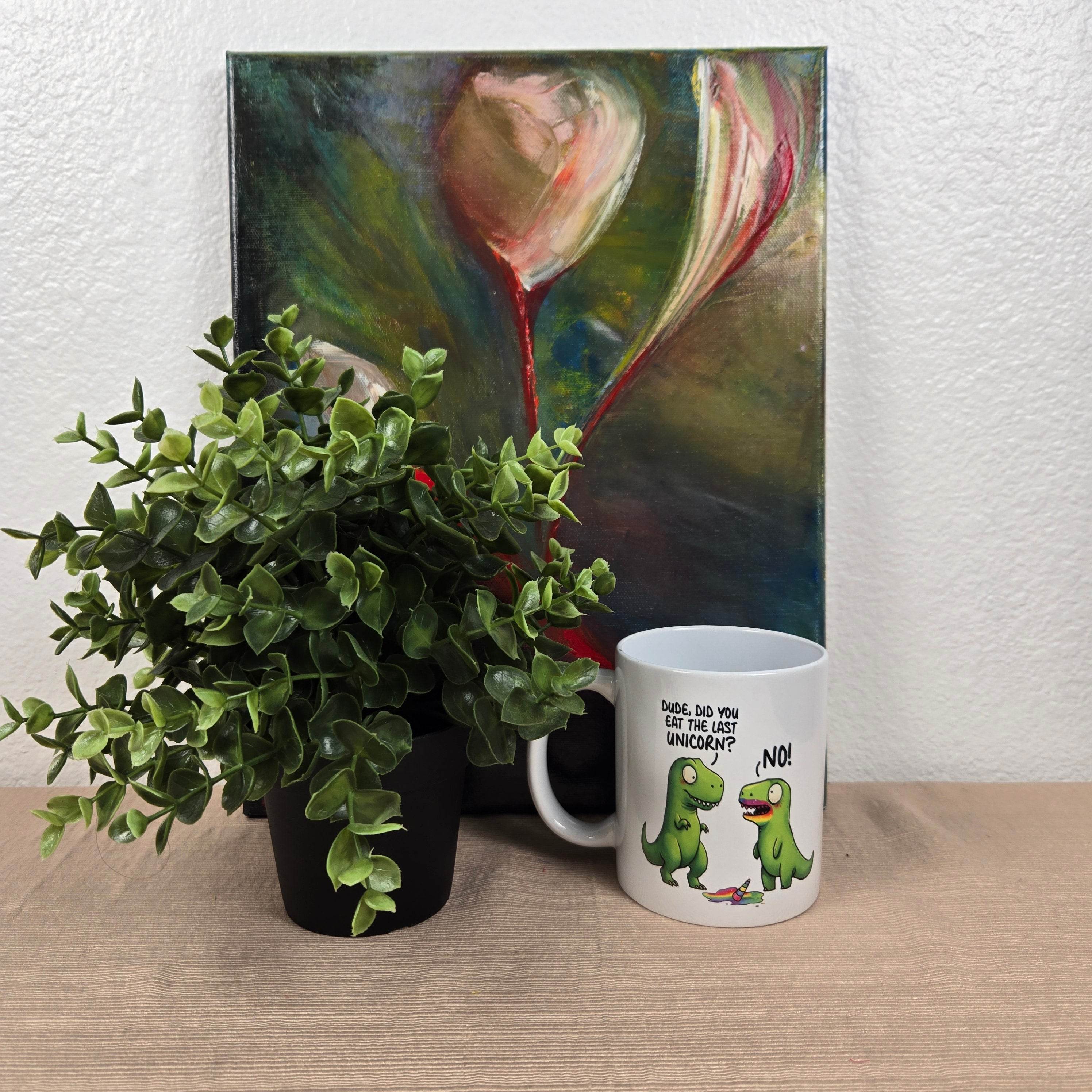 Funny Dinosaurs eating a Unicorn Mug