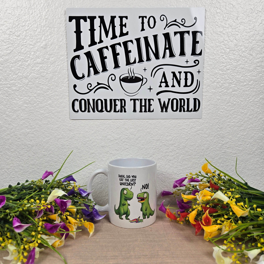 Funny Dinosaurs eating a Unicorn Mug