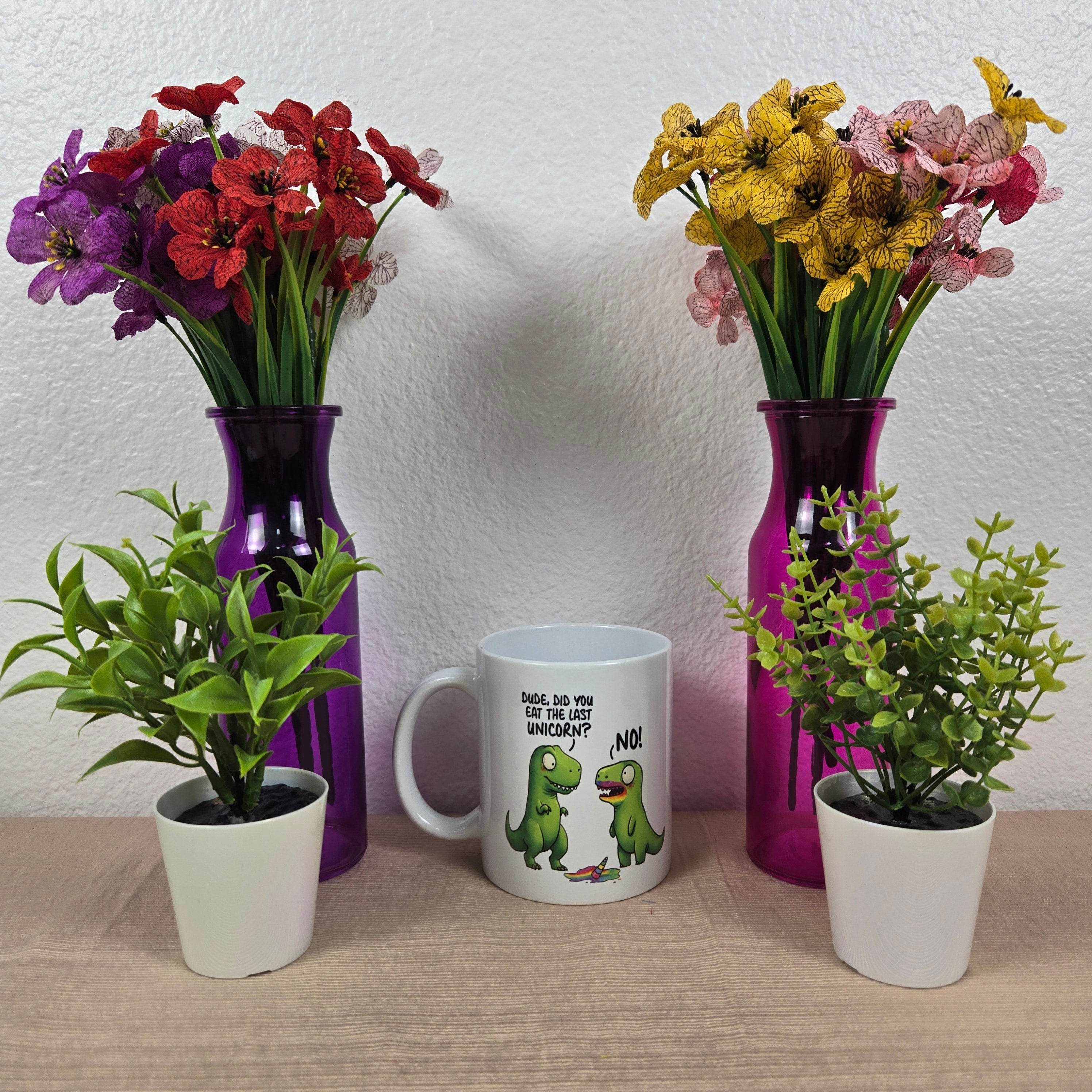 Funny Dinosaurs eating a Unicorn Mug