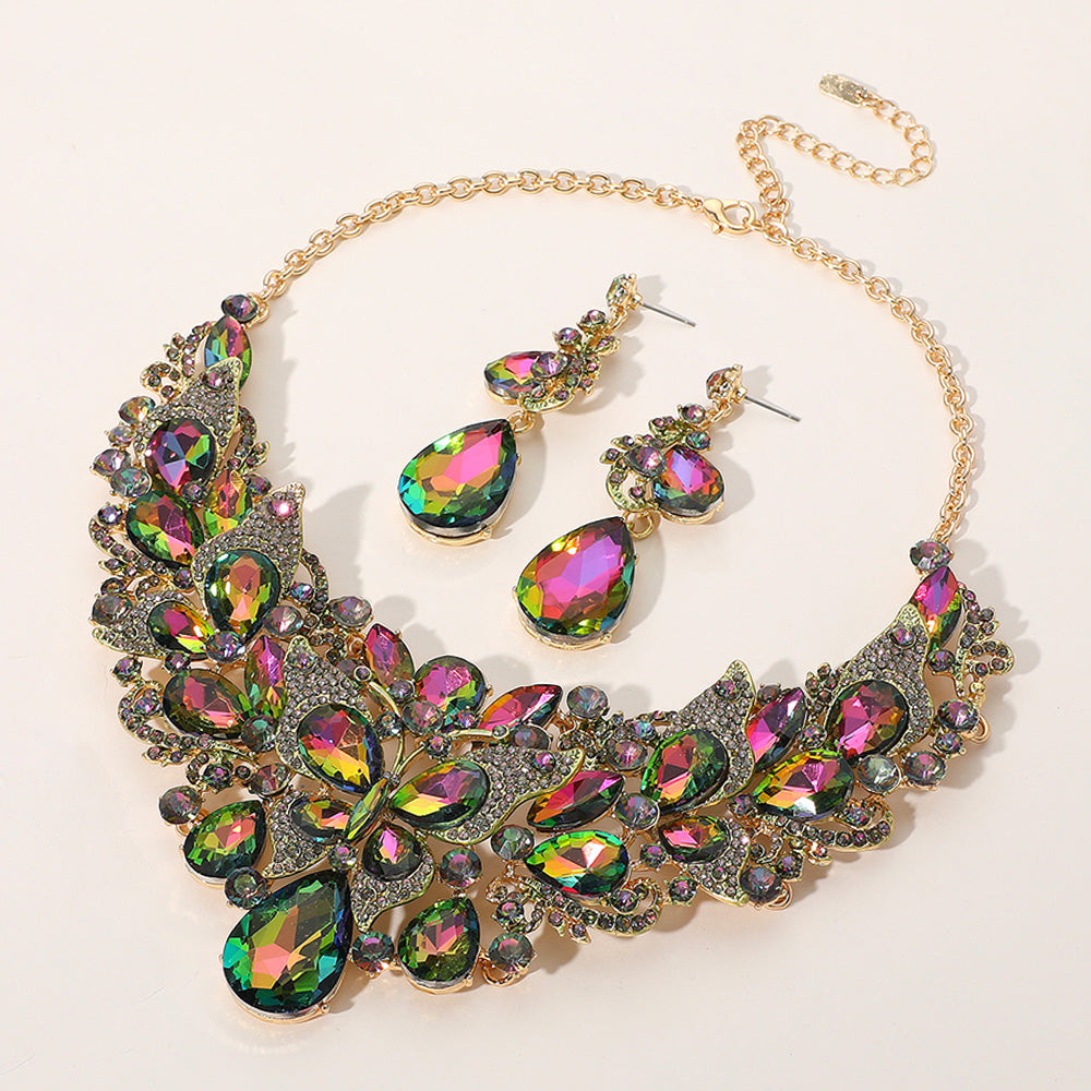 Butterfly Glass Stone Cluster Pointed Teardrop Stone Cluster Evening Necklace