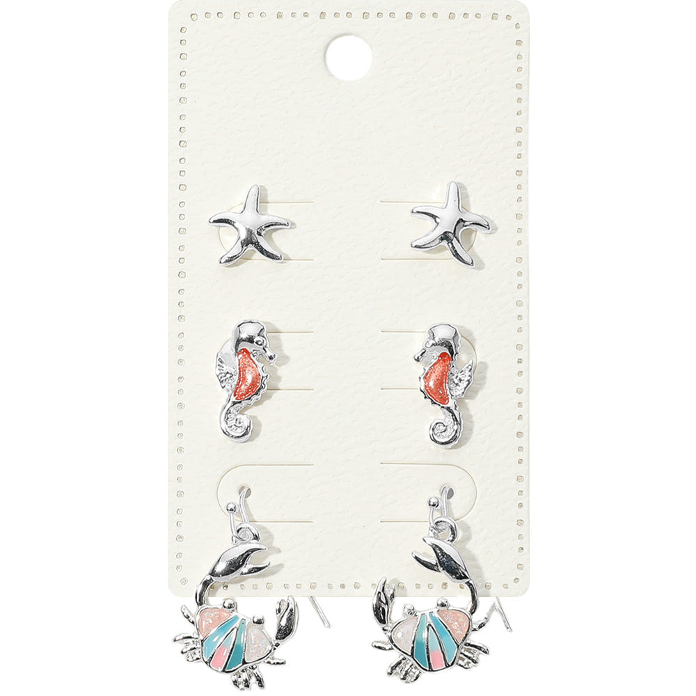 3Pairs - Metal Starfish Enamel Seahorse Stud Crab Dangle Earring Set