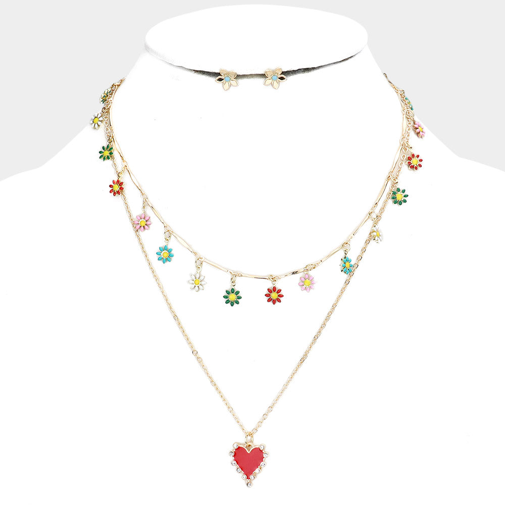 2PCS - Enamel Flower Station Rhinestone Trim Heart Pendant Necklaces