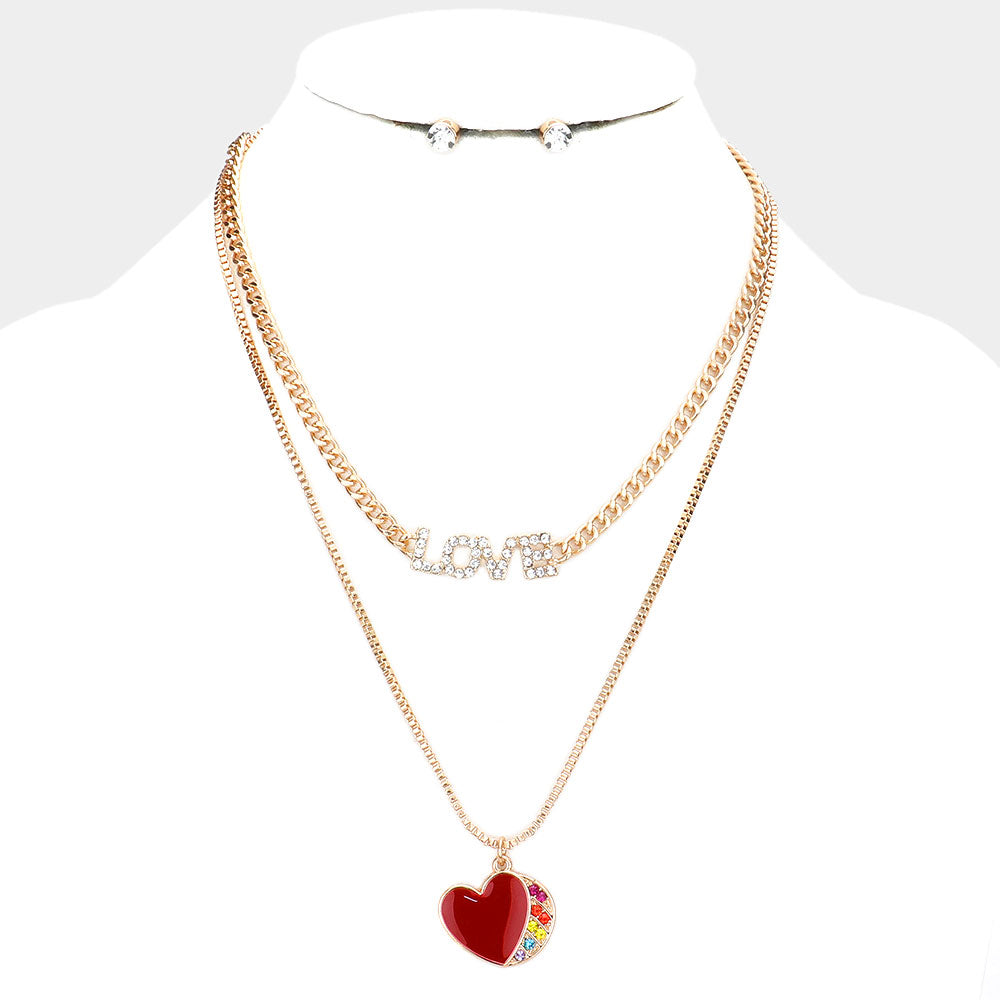 2PCS - Rhinestone Embellished Metal LOVE Message Enamel Heart Pendant Necklaces