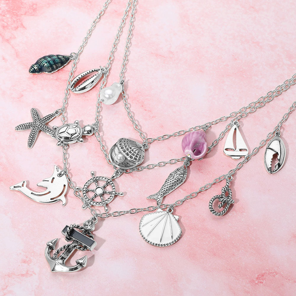 Anchor Sea Shell Pearl Dolphin Fish Rope Sea Turtle Charm Embellished Triple Layered Necklace