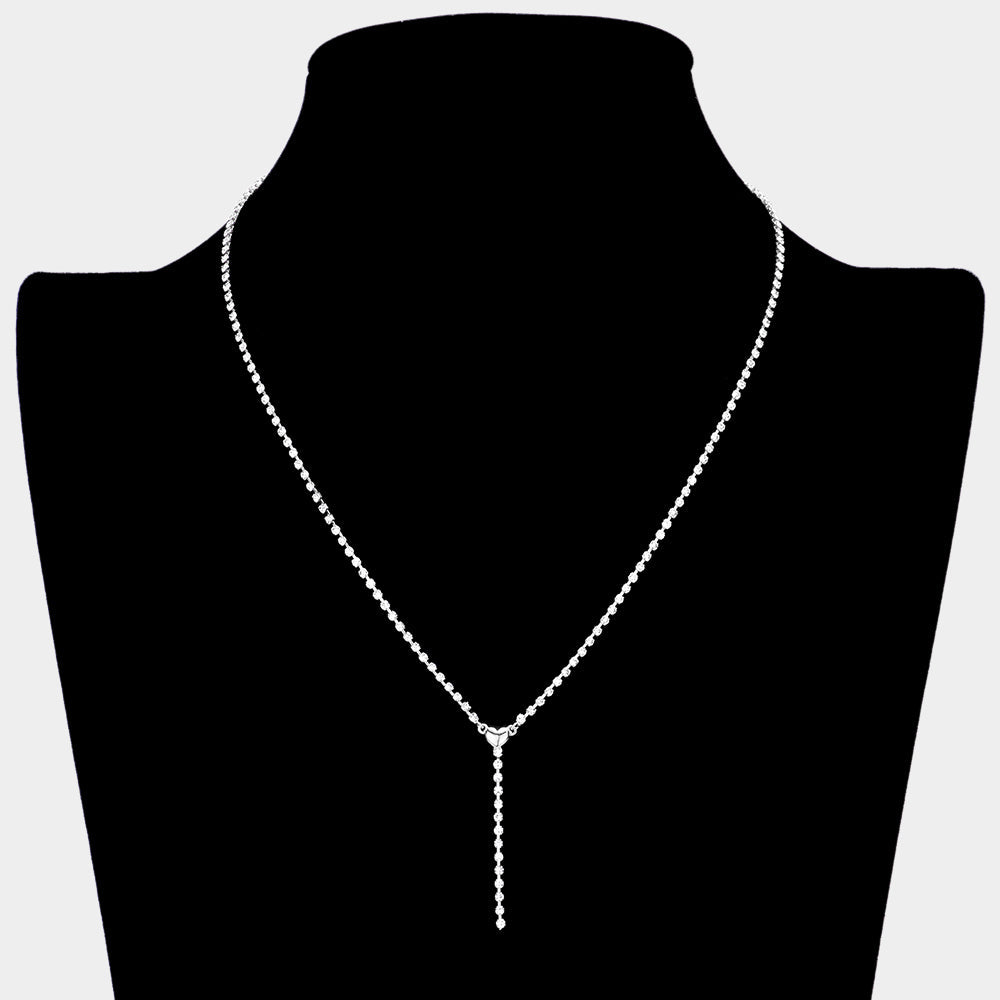 Brass Metal Dainty Rhinestone Chain Heart Pendant Necklace