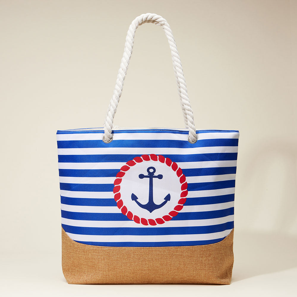 Anchor Printed Striped Rope Handle Beach Tote Bag