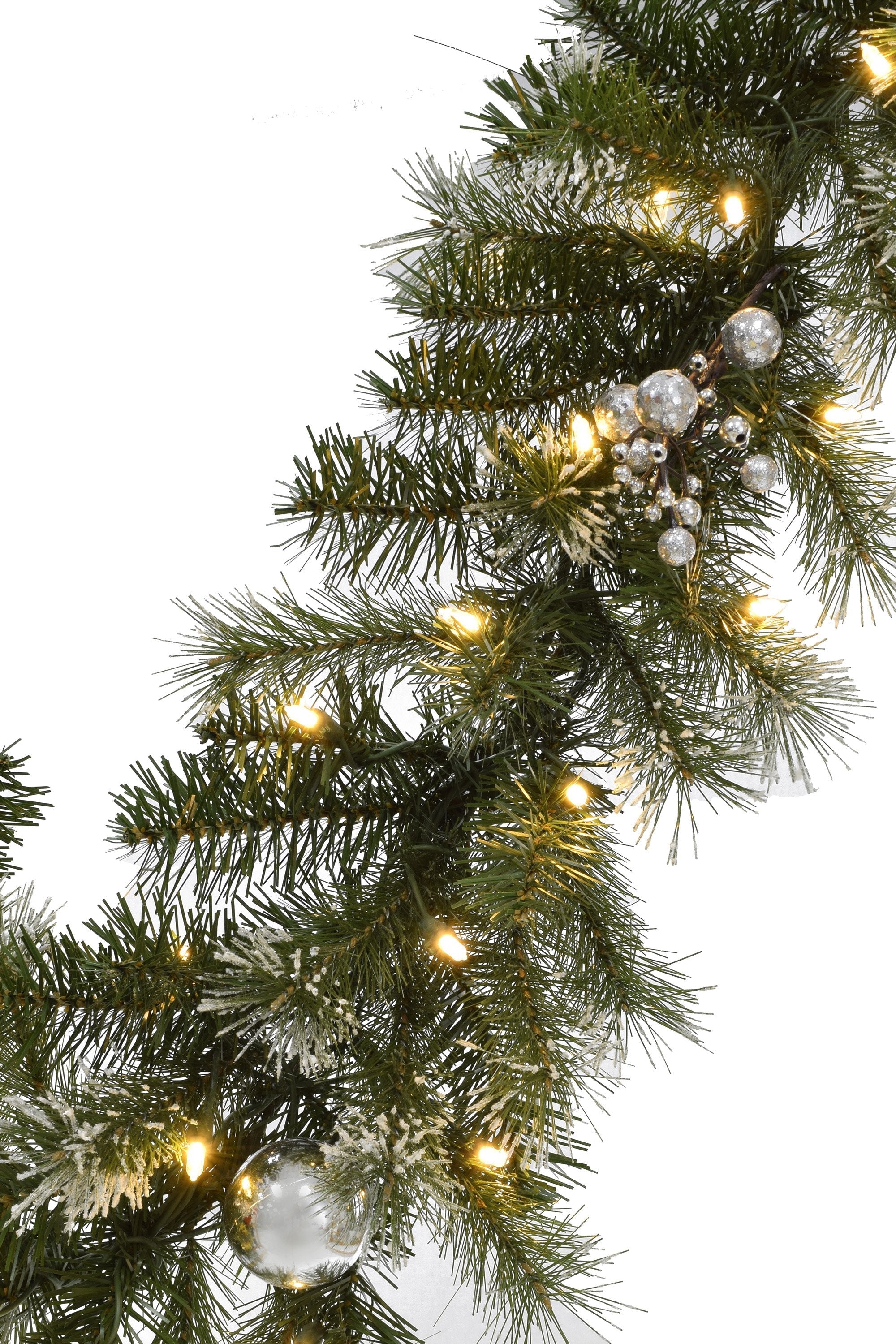 6' Pre-lit Snow Dusted Nulato Pine Garland with Silver Ornaments & Glitter Berry Clusters