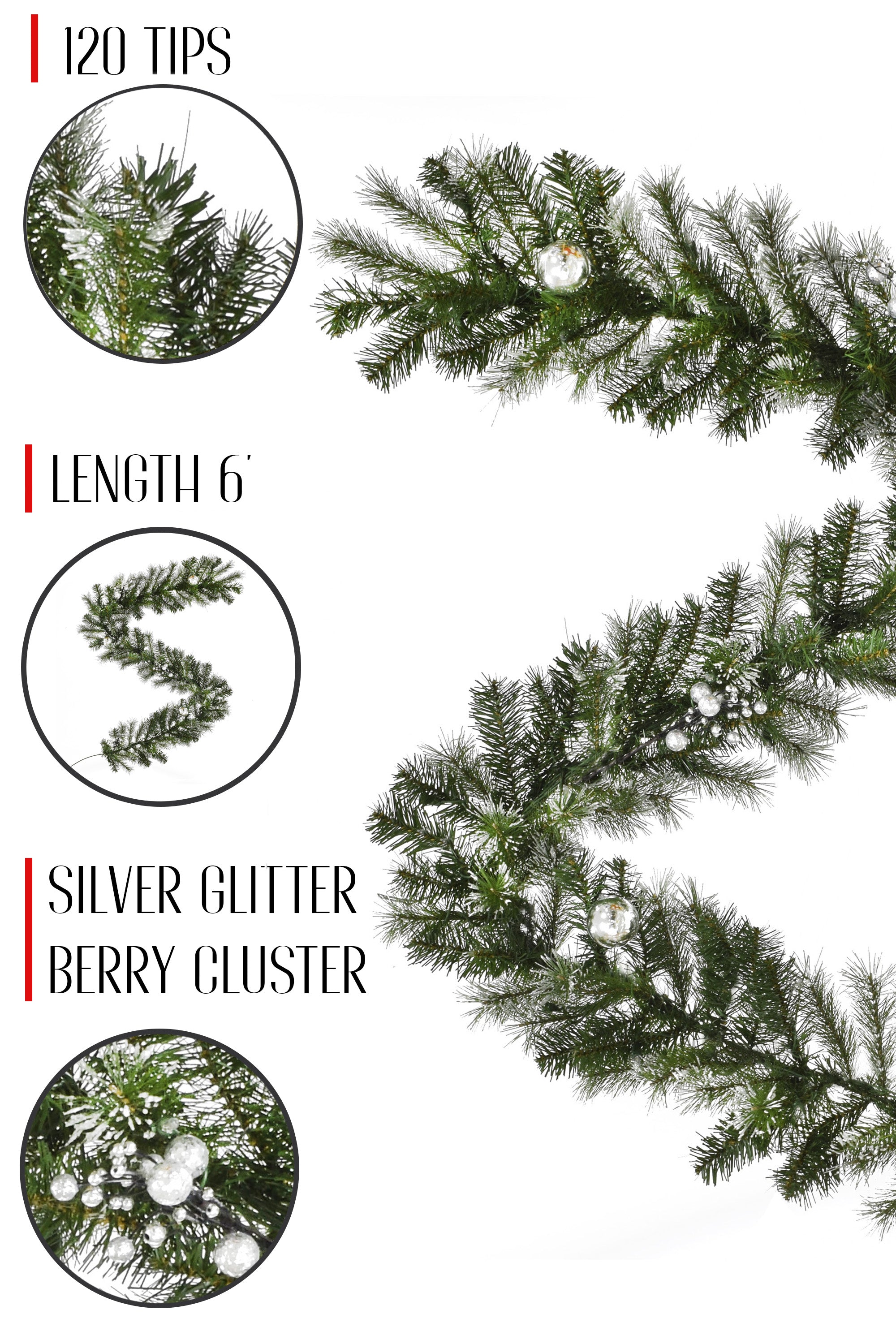 6' Snow Dusted Nulato Pine Garland with Silver Ornaments & Glitter Berry Clusters