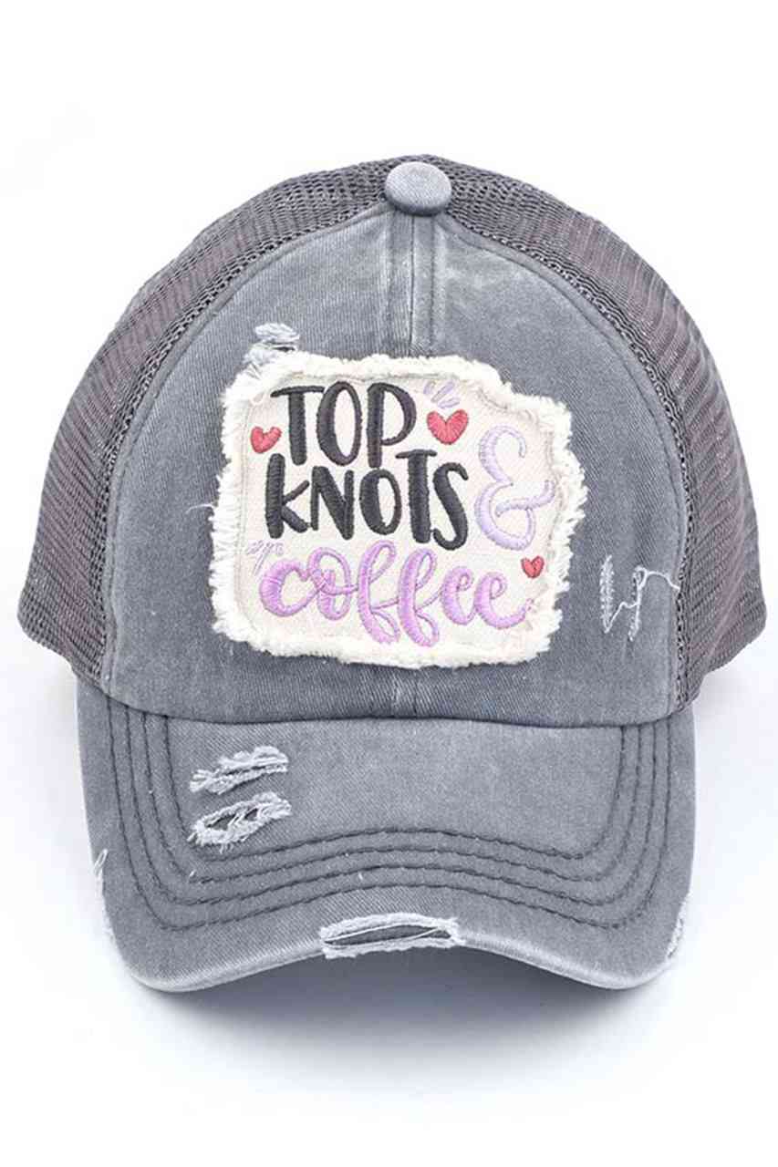 C.C DISTRESSED TOP KNOTS AND COFFEE PATCH PONYCAP