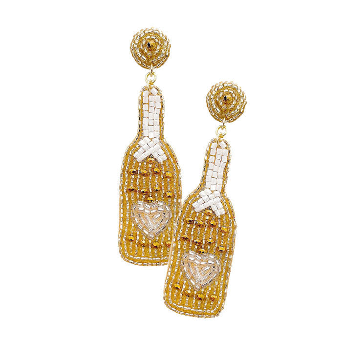 Beaded Heart Pointed Champagne Dangle Earrings
