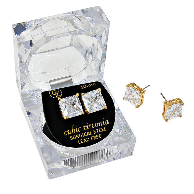 10mm Square Crystal Cubic Zirconia Stud Earrings in Clear Gift Box - Ready to Gift