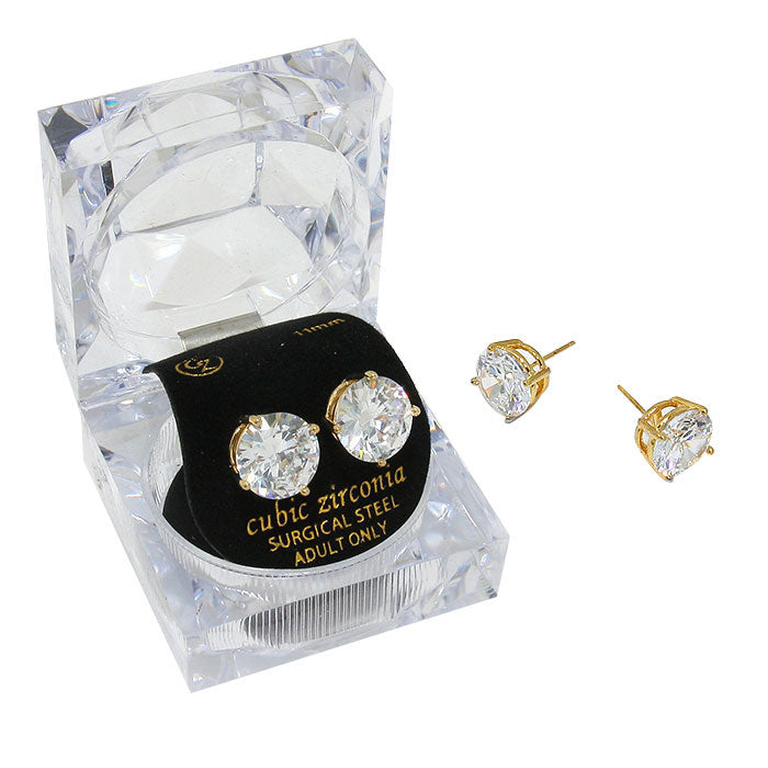 11mm Round Crystal Cubic Zirconia Stud Earrings in Clear Gift Box - Ready to Gift