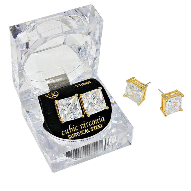 11mm Square Crystal Cubic Zirconia Stud Earrings in Clear Gift Box - Ready to Gift