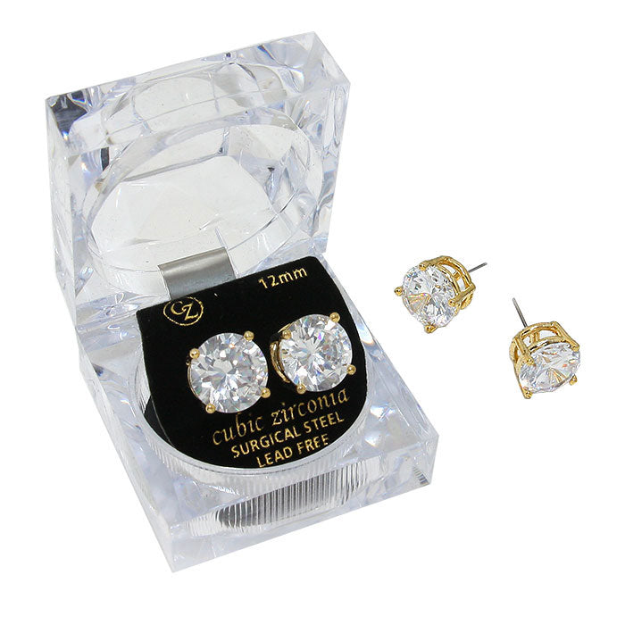 12mm Round Crystal Cubic Zirconia Stud Earrings in Clear Gift Box - Ready to Gift
