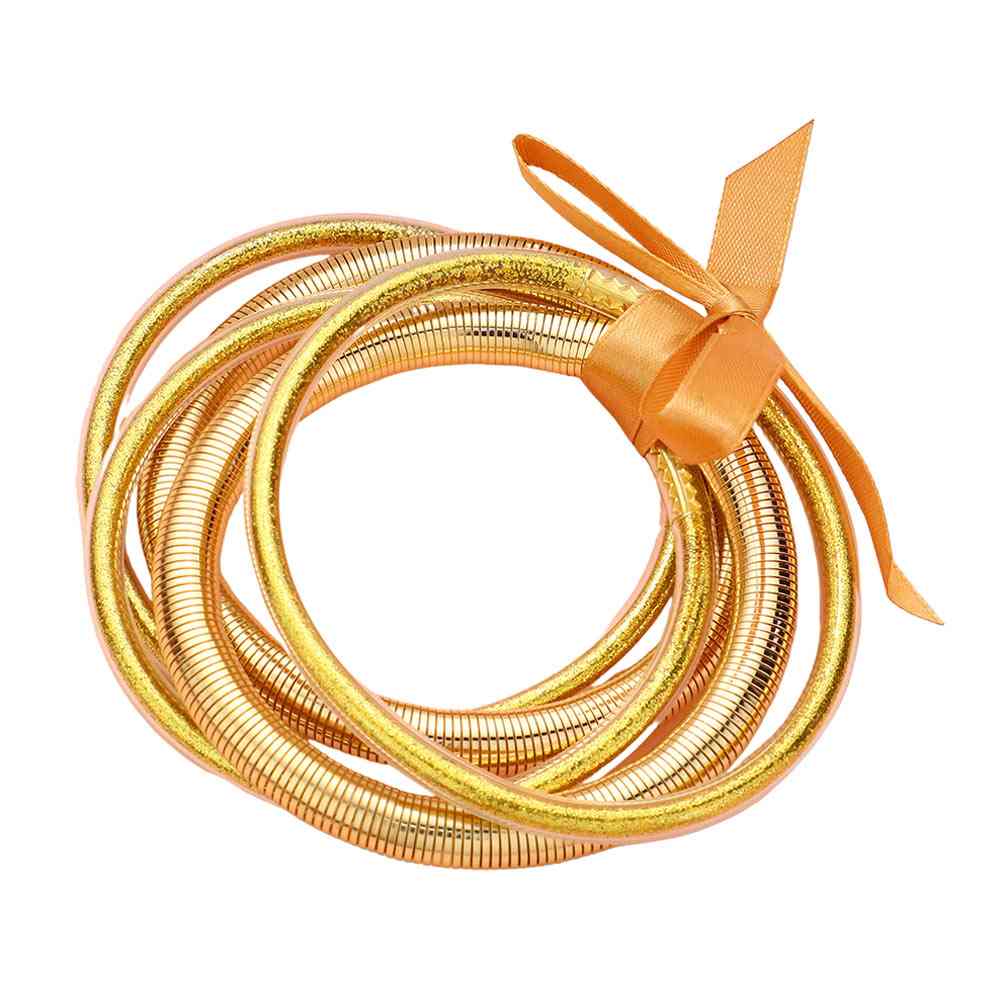 5PCS Glitter Jelly Tube Metal Elastic Layered Bracelets