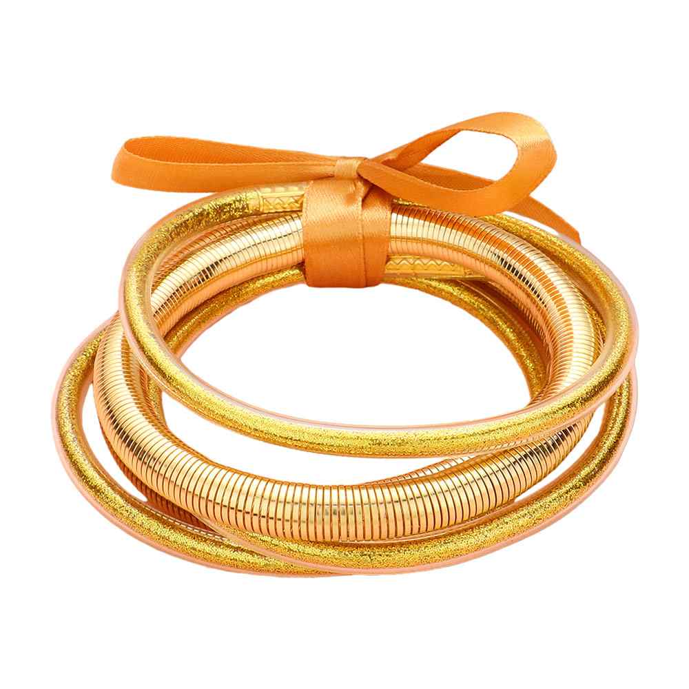 5PCS Glitter Jelly Tube Metal Elastic Layered Bracelets