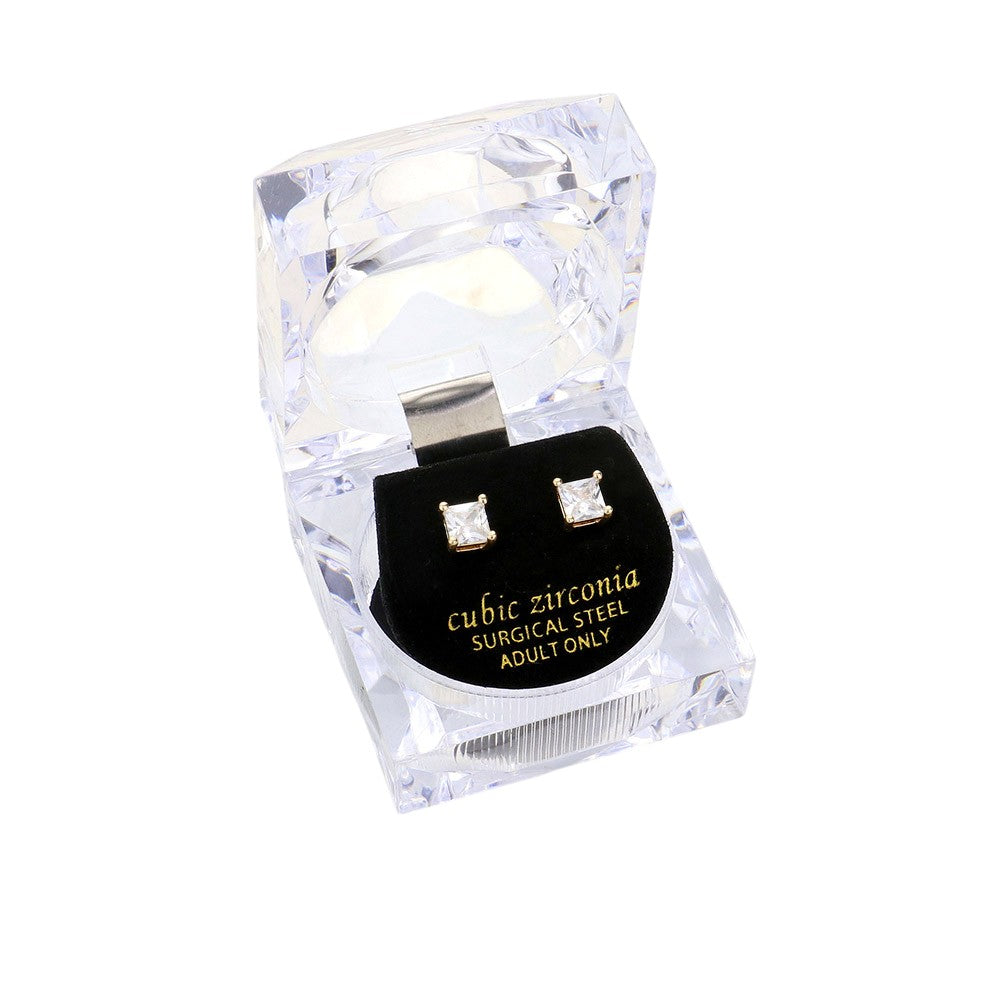 5mm Square Crystal Cubic Zirconia Stud Earrings in Clear Gift Box - Ready to Gift