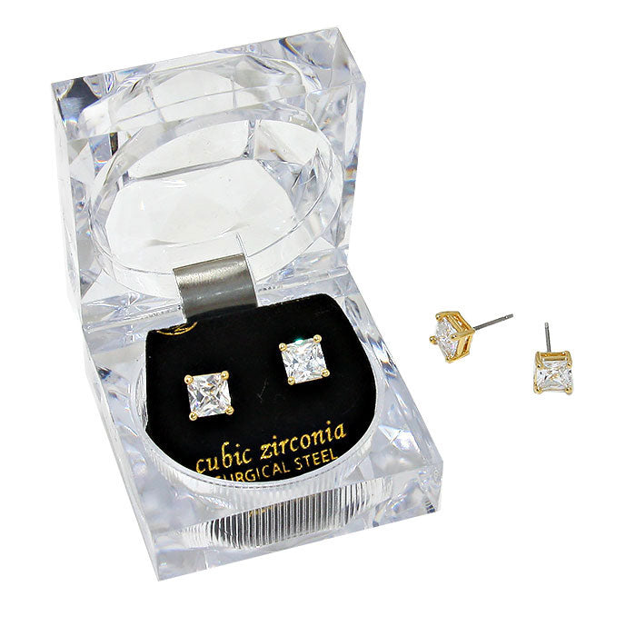 6mm Square Crystal Cubic Zirconia Stud Earrings in Clear Gift Box - Ready to Gift
