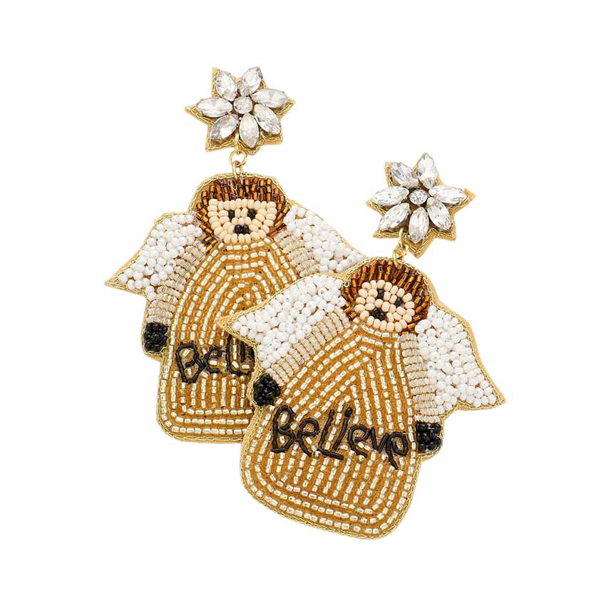 Believe Message Felt Back Beaded Angel Dangle Earrings
