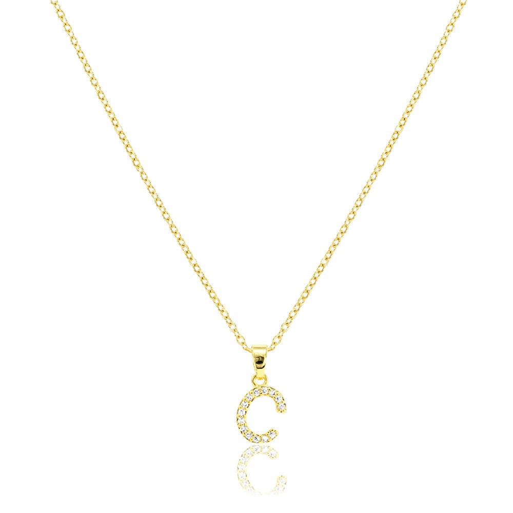 C Stainless Steel CZ Stone Paved Monogram Pendant Necklace