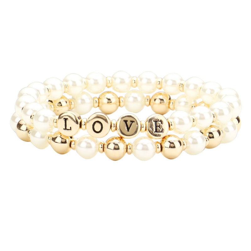 2PCS LOVE Pearl Metal Ball Stretch Message Bracelets