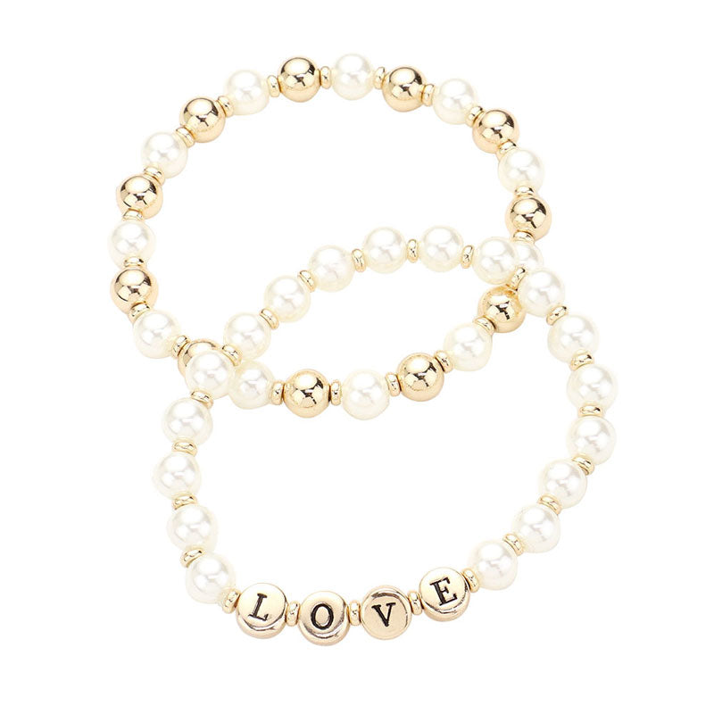 2PCS LOVE Pearl Metal Ball Stretch Message Bracelets