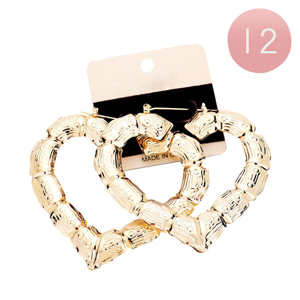 12Pairs- Medium Metal Bamboo Heart Pin Catch Earrings
