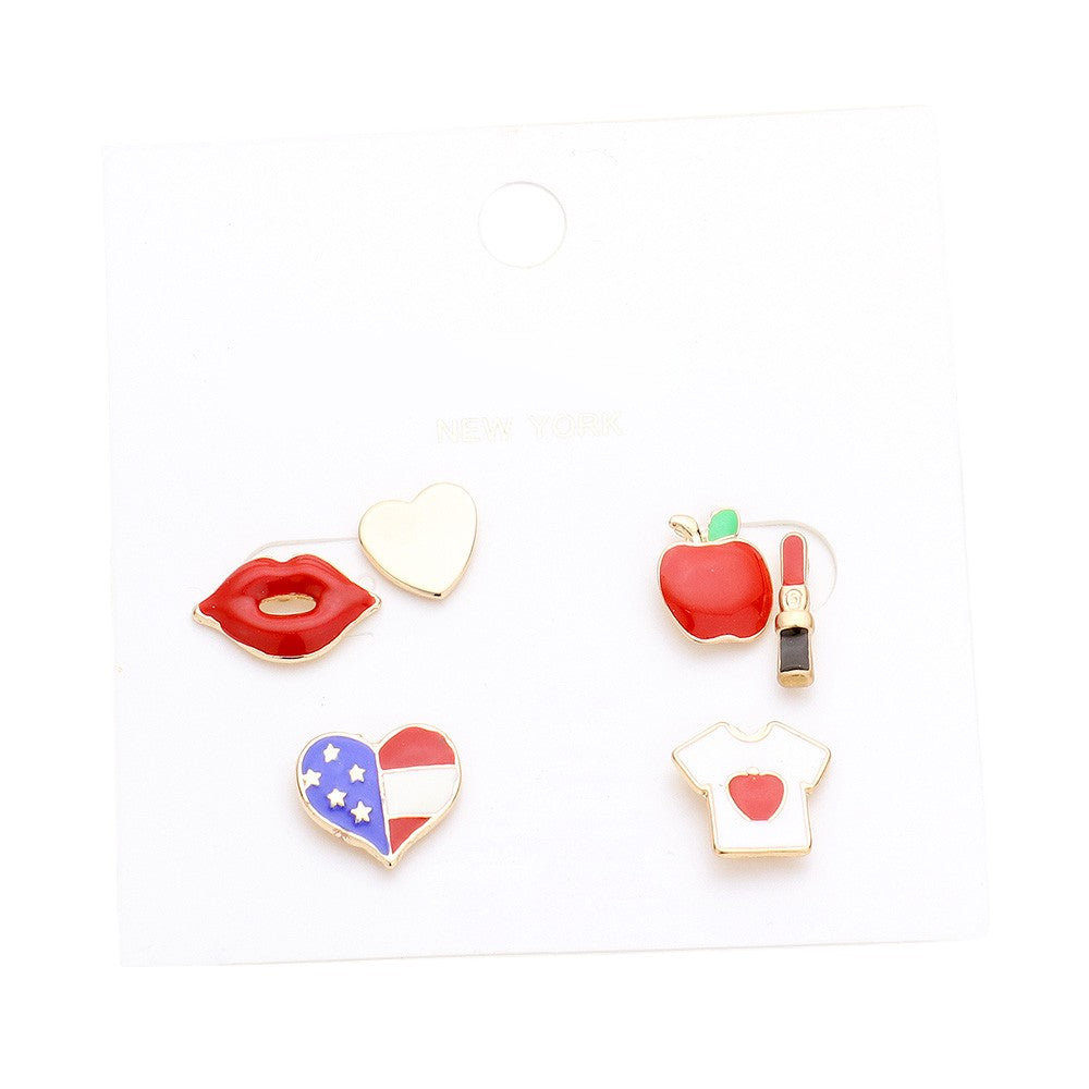 3Pairs - Mixed Enamel Heart Apple Flag Stud Earrings