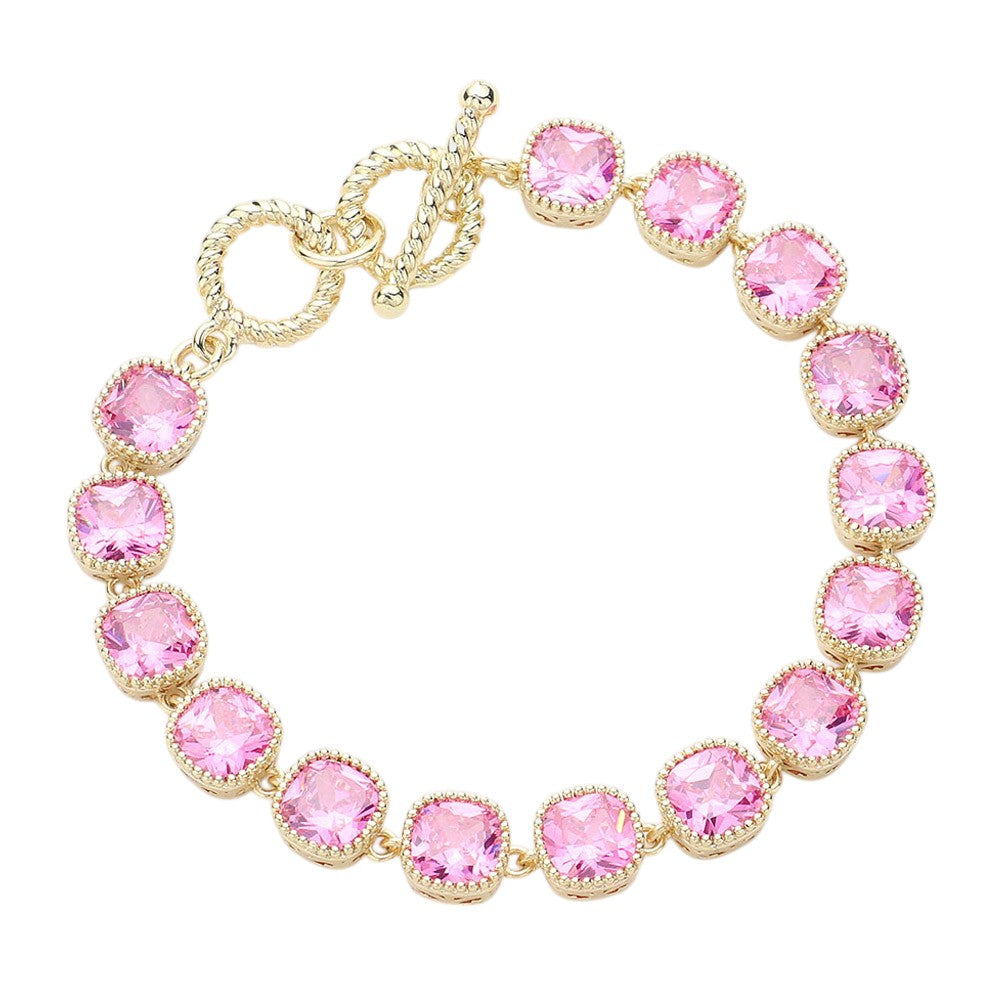 14K Gold Plated Square CZ Stone Link Evening Toggle Bracelet