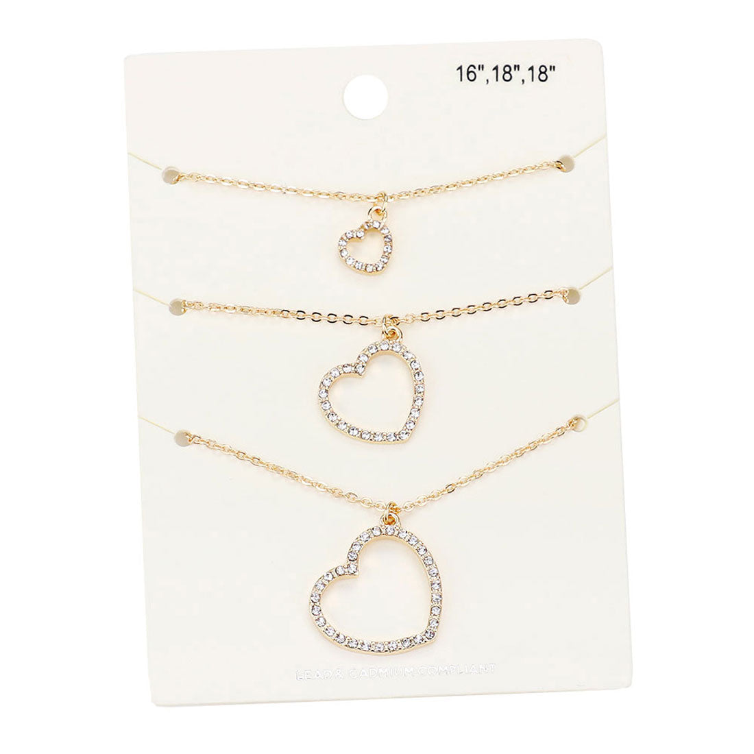 3PCS Rhinestone Embellished Open Heart Pendant Necklaces Jewelry Set