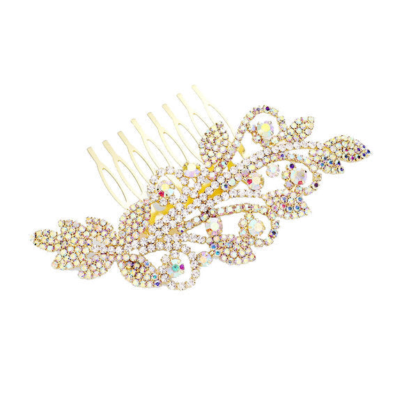 Rhinestone Pave Accent Sprout Crystal Leaf Detail Hair Comb
