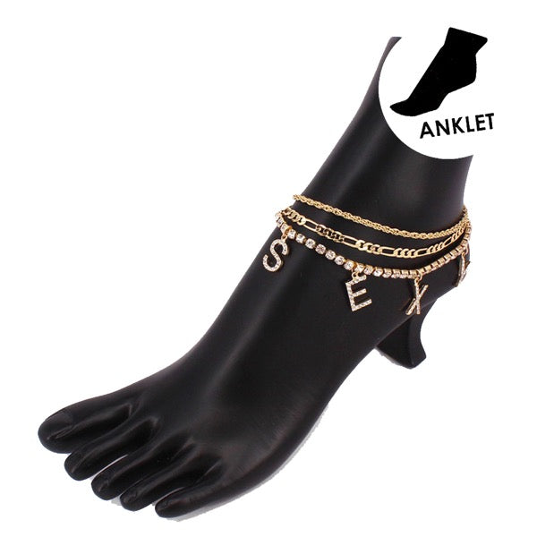 "Sexy" Rhinestone Embellish Charm Metal Chain Layer Anklets