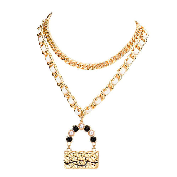 2PCS Metal Chain Pearl Embellished Bag Pendant Necklaces