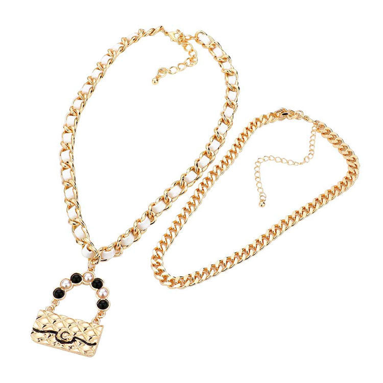 2PCS Metal Chain Pearl Embellished Bag Pendant Necklaces