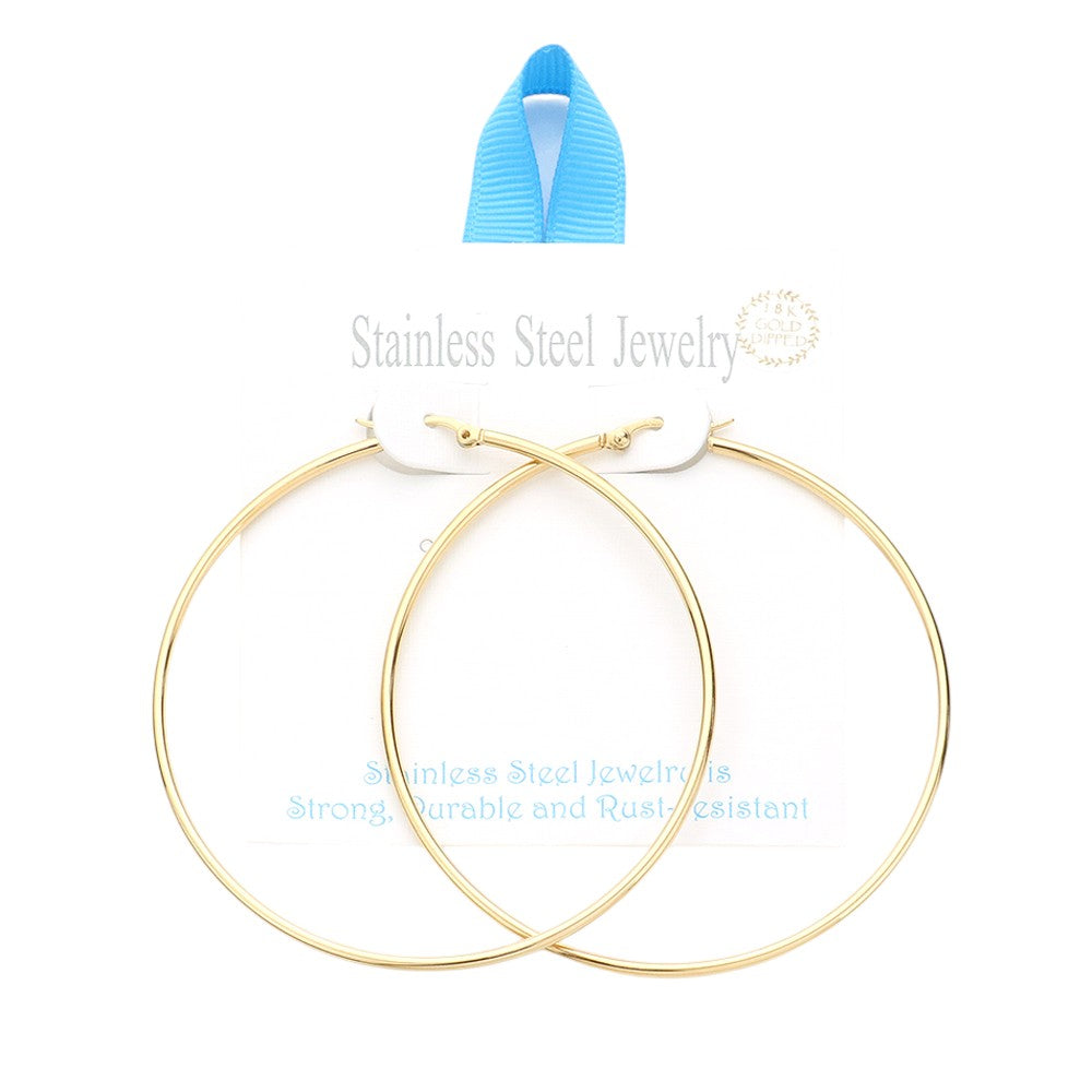 18K Gold Dipped Stainless Steel 2.75 Inch Hoop Pin Catch Earrings