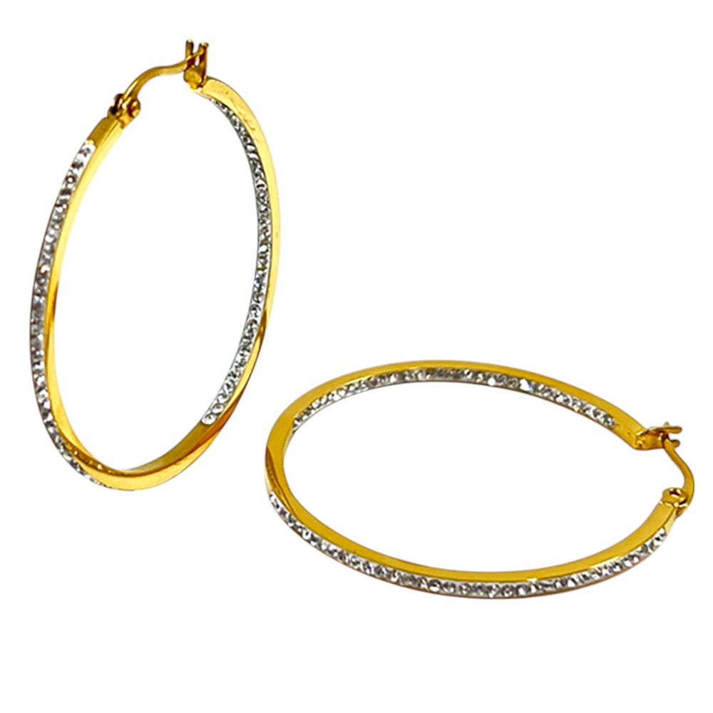 18K Gold Dipped Stainless Steel 3.2 Inch Inside Out Rhinestone Hoop Earrings